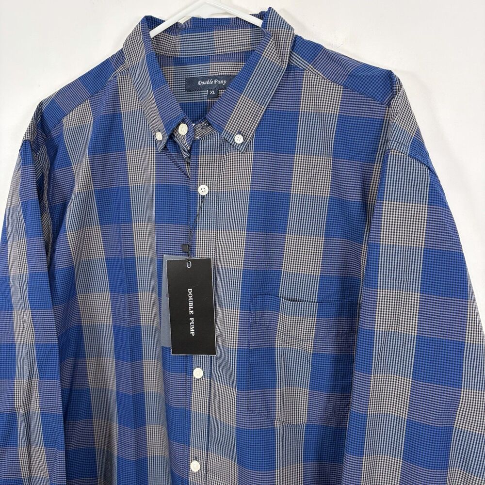 Double Pump Button Down Shirt Mens Size XL Blue Purple Checks Long Sleeve NWT